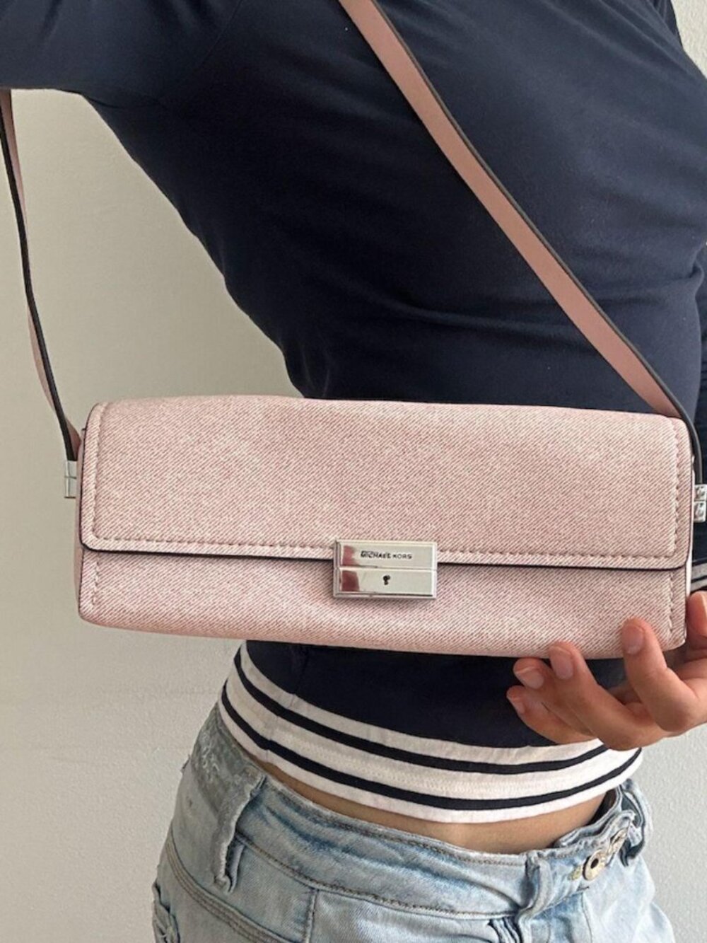Michael Kors Pink denim printed leather shoulder mini-bag